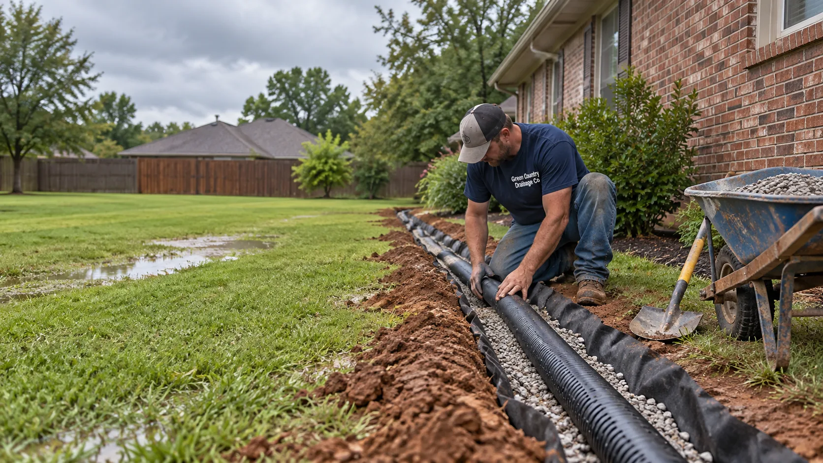 Worker laying corrugated drain pipe in a gravel trench beside a brick house, puddles on the lawn, French drain installation in Tulsa